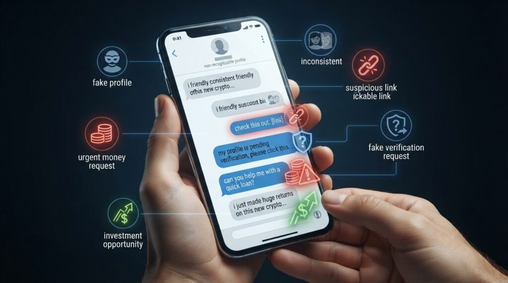 Common dating app scam warning signs including fake profiles money requests and phishing links