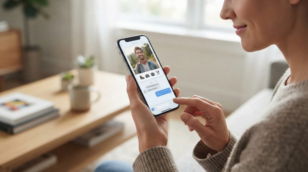 Dating app user writing a personalized first message based on a match's profile interests