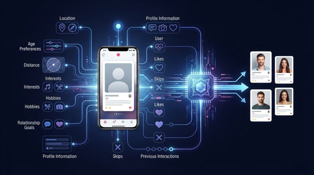 Dating app matching algorithm using location preferences interests and user activity