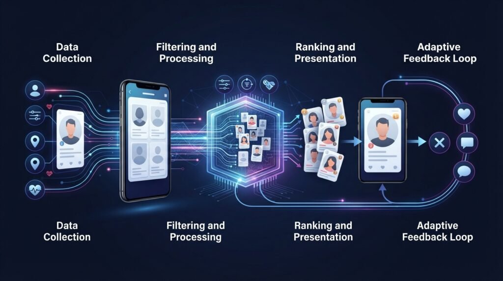 Dating app matching process showing data collection profile filtering ranking and user interactions