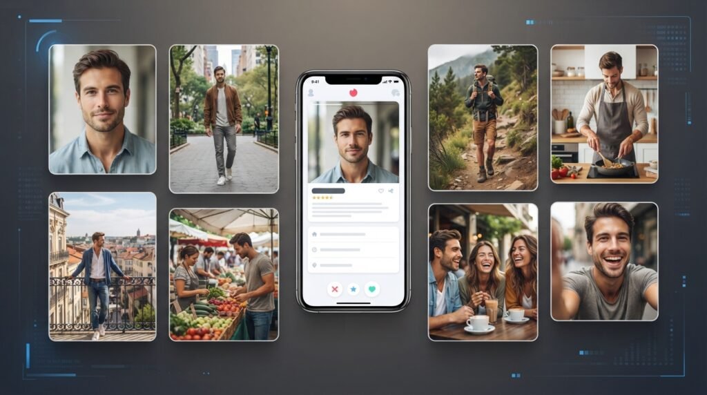 Dating app profile showing portrait outdoor hobby travel casual and social photos