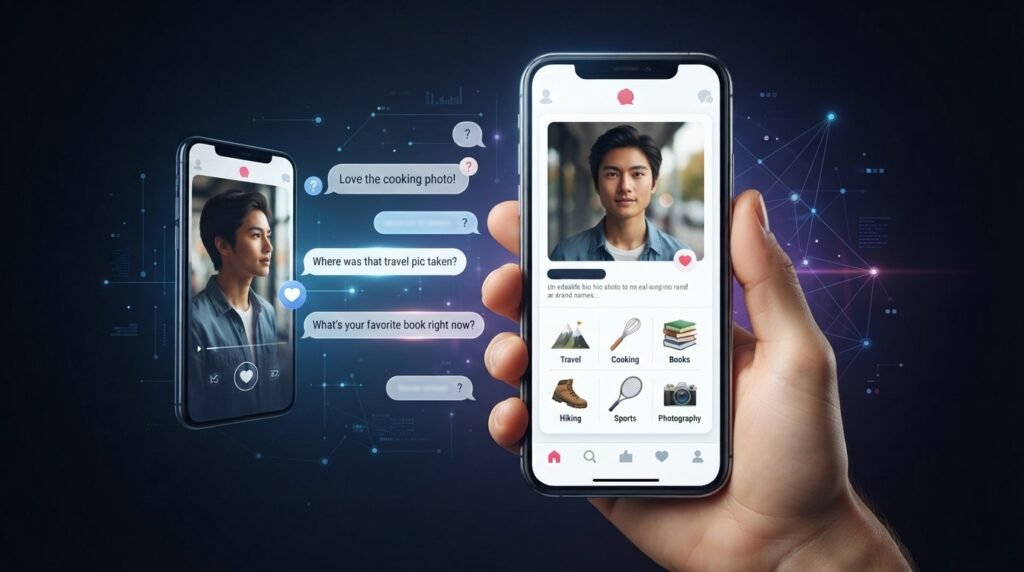 Dating app profile with interests hobbies and conversation prompts for starting a chat