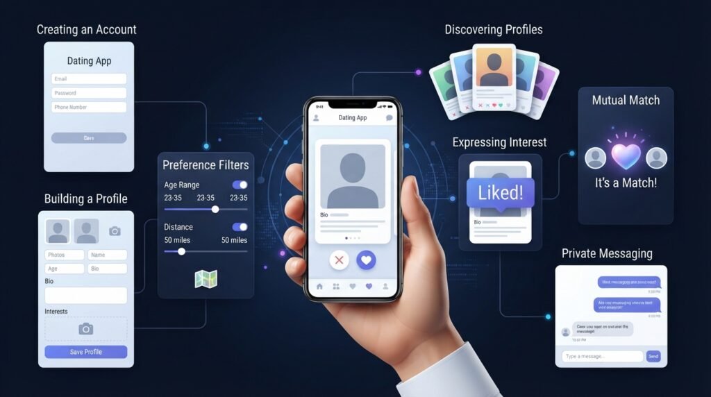 Dating app process showing profile creation, preferences, matching, and messaging