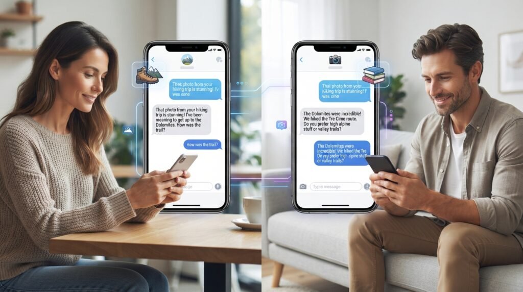 Two people having a natural dating app conversation with messages and follow-up questions
