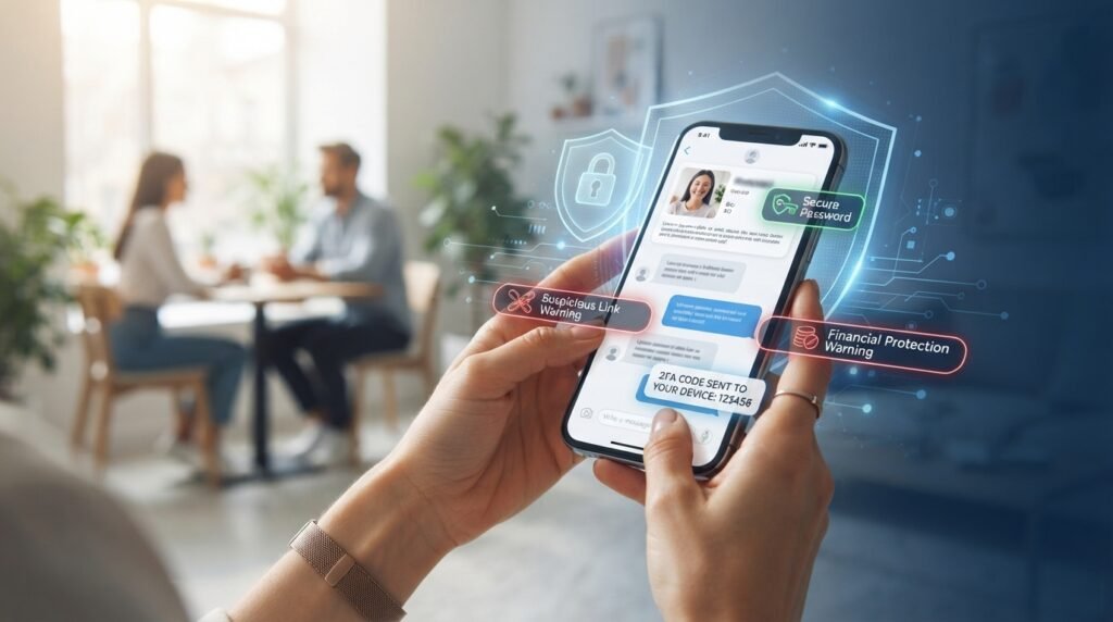 Person protecting personal information and account while using a dating app safely