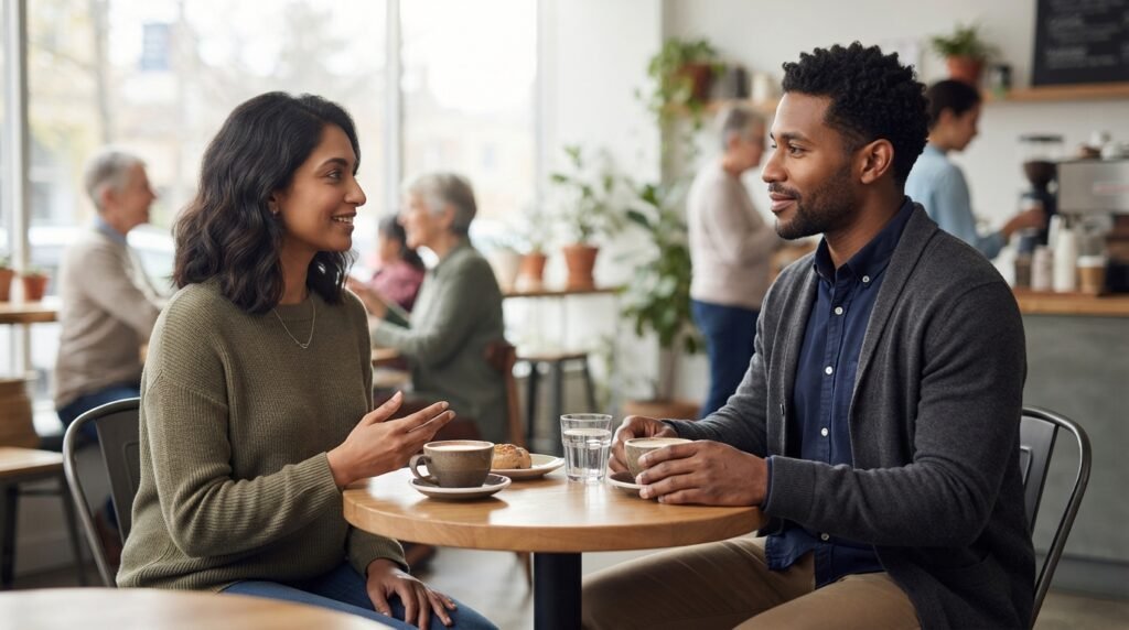 People meeting for a first date in a comfortable public place