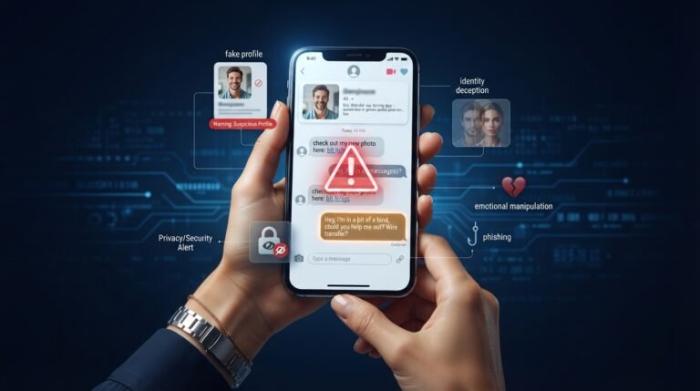 Dating app scam warning signs including fake profile suspicious messages and financial requests