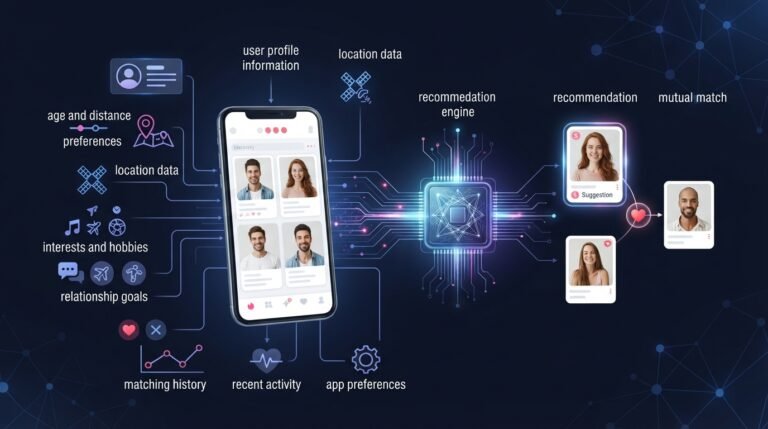Dating app algorithm analyzing profiles preferences interests and activity to recommend potential matches