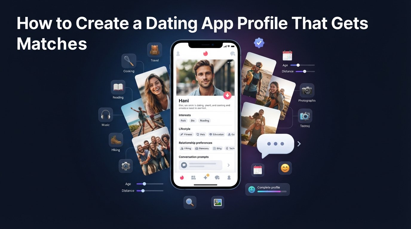 Dating app profile with clear photos bio interests preferences and conversation details