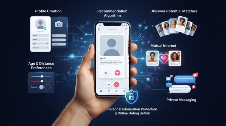 Dating app showing profiles, preferences, matching, messaging, and online safety features